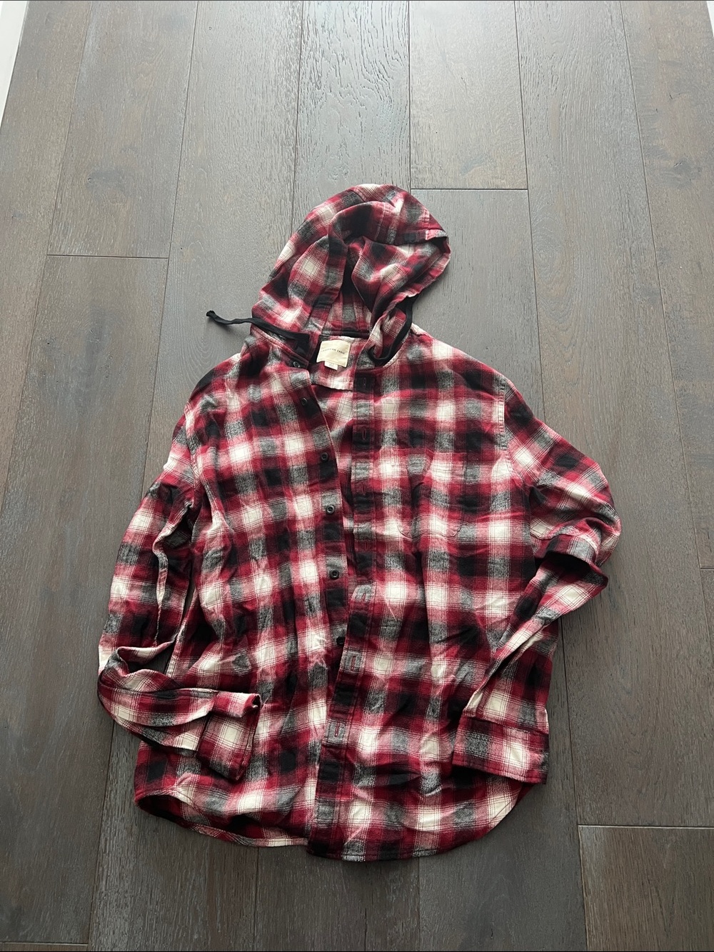 American Eagle Outfitters Red & Black Plaid Hooded Button-Down Shirt